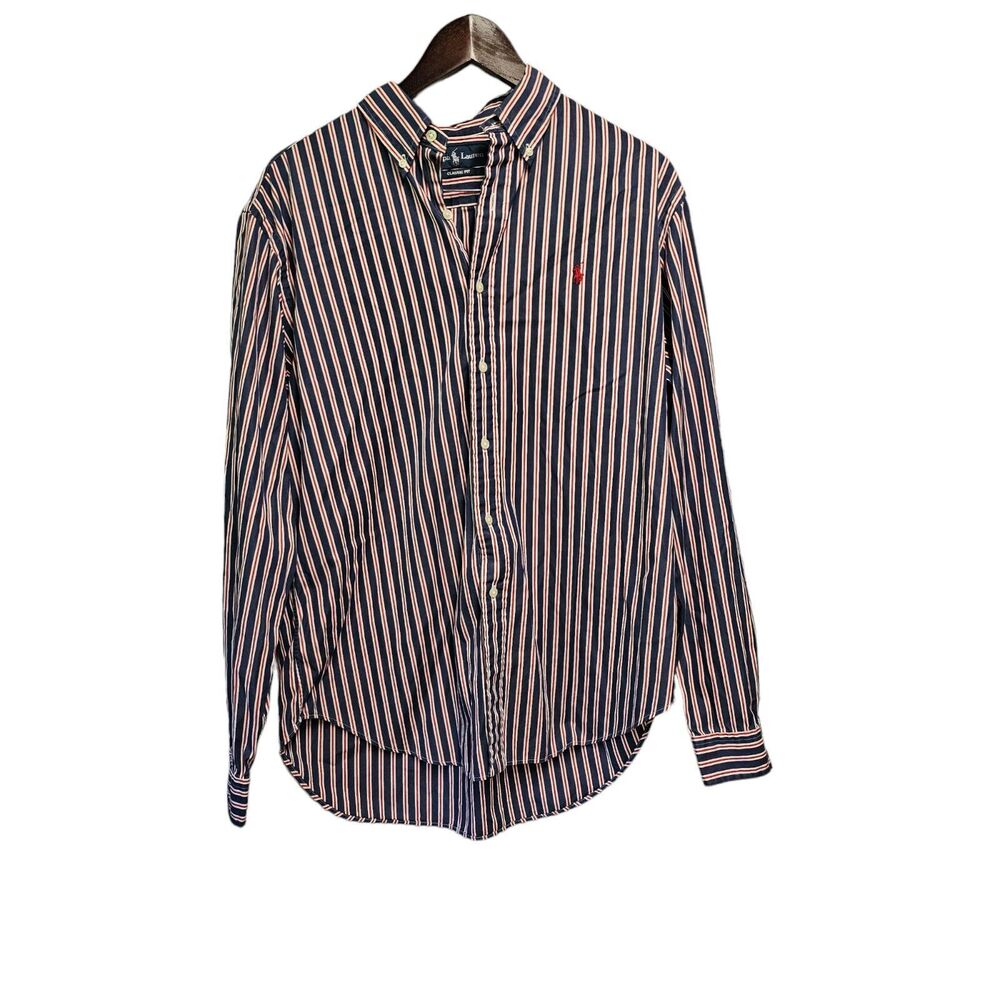 RALPH LAUREN Dress‎ Shirt Button Down Red White Blue Stripe LARGE Classic Fit